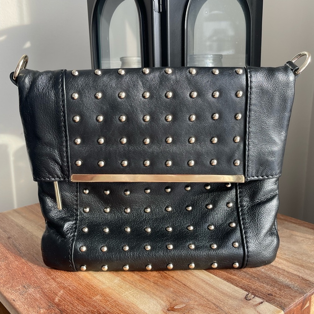 Danier | Black Studded Leather HandBag, Silver Strip Detail, Magnet Closure - Picture 3 of 14